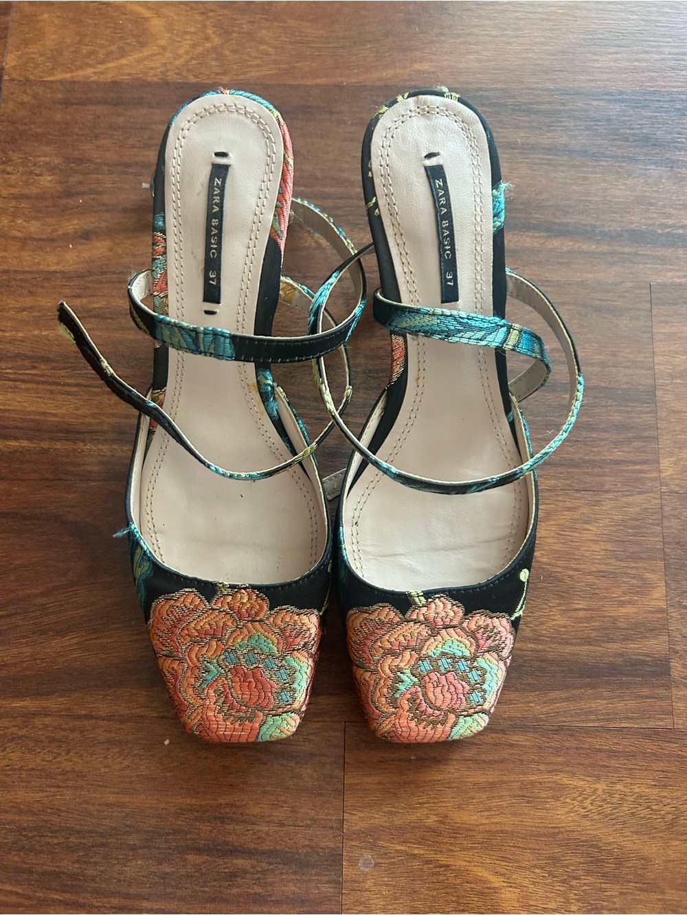Zara Black Embroidered Floral Slingback Heels with Teal and Orange Accents